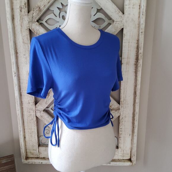 Love Tree Women's Junior Ribbed Side Tie Ruched Short Sleeve Crop Top Royal Blue - Picture 1 of 7